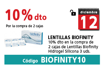 10% descuento por la compra de 2 cajas de Lentillas Biofinity Hidrogel Silicona 3 uds